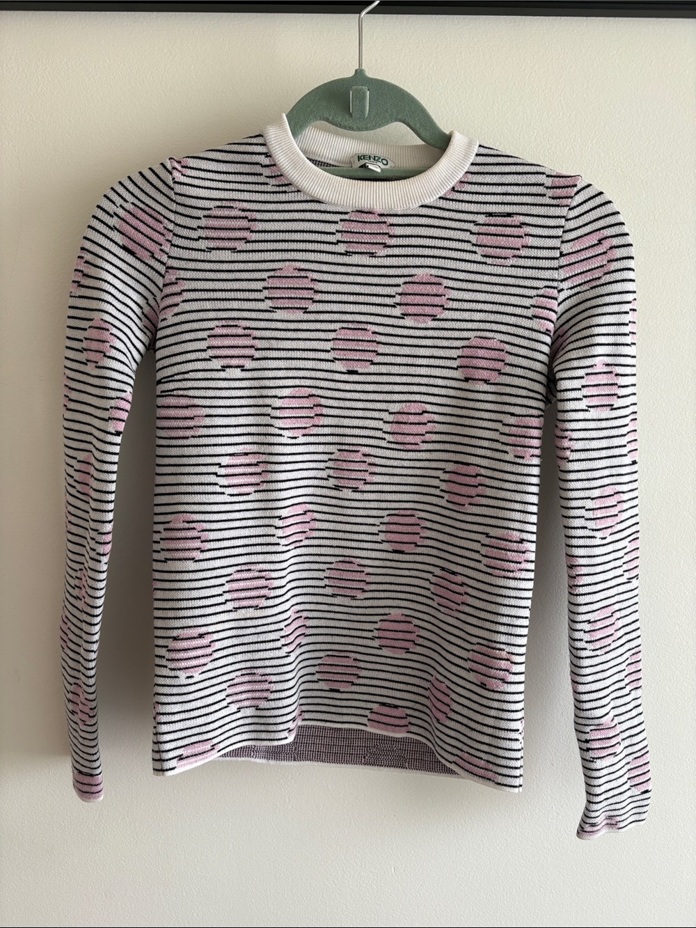 Kenzo White Crewneck Sweater with Black Stripes and Pink Polka Dots